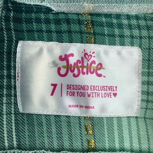Justice Kids Girls Top‎ Size 7 Open Front Green Plaid Embroidered Metallic NWOT - Picture 3 of 5